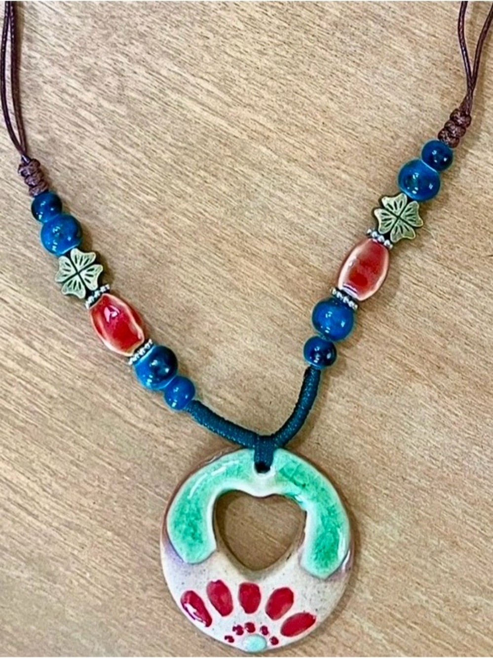 Handmade Ceramic Heart Pendant Necklace with Teal Beads